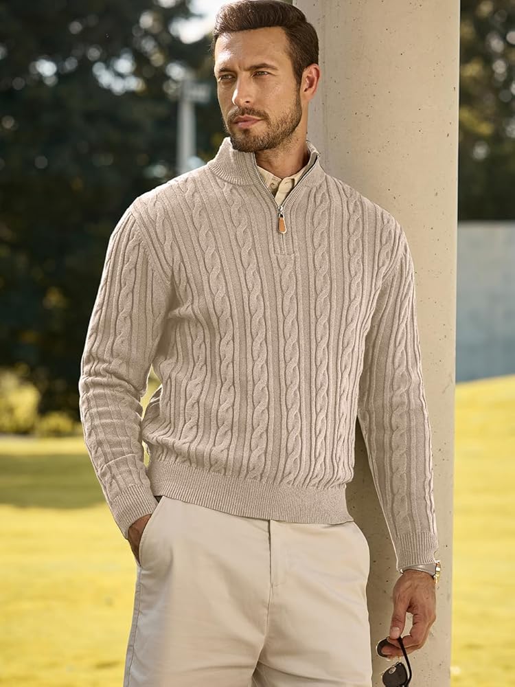 JMIERR Grey Sweater Men Cable Knit Pullover Long Sleeve Slim Fit
